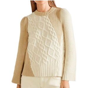 Co. Alpaca Blend Cream/Sparkle Tan Flared Long Sleeve Cable Crewneck Sweater. Sm